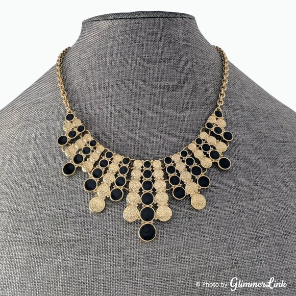 Gold Tone & Black Enamel Circles Bib Statement Necklace - Picture 1 of 13